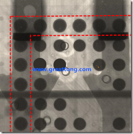 BGA锡球尺寸小于0.4mm，采用降低BGA内围袭球的锡膏量所得到X-Ray，稍微留意一下可以发现最外圈的锡量(圆的直径)比其他内围的锡球上的锡量来得多一点点。也就是外圈的黑色圆形直径比内圈的圆形来得大一点点。
