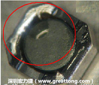 使用锡(Sn)镀层的电源电感器(Power Inductors)，经过推力测试后，其焊点还保留在零件的端点上，所以推力比较高。