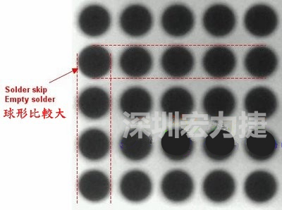 现在我画几条直线你再看看是否有发现那一颗BGA的锡球比较大，有空焊的可能？
