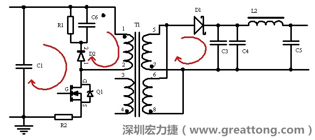 元件布局的时候，要优先考虑高频脉冲电流和大电流的环路面积，尽可能地减小,以抑制开关电源的辐射干扰
