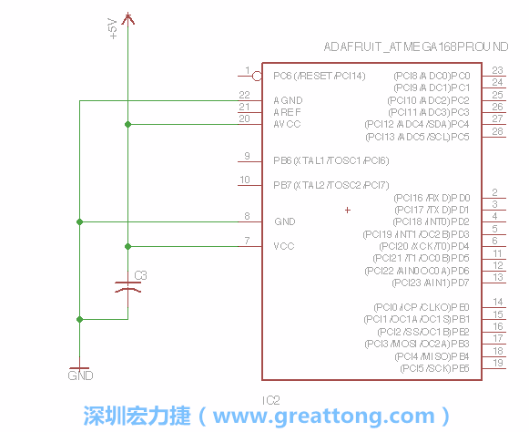 3.1.    新增微控制器晶片（RBBB → ATmega），把它放在电路原理图的中央附近，把它的两个接地接头连接到接地讯号端。