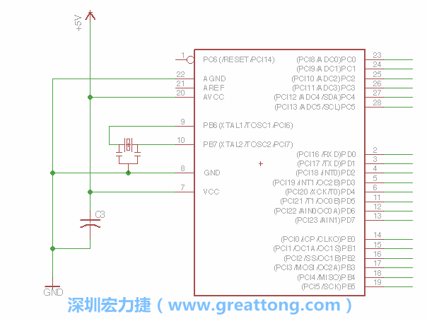 3.2.    在靠近ATmega的电源供应针脚7的位置放置一个0.1μF的电容，将它分别连接电源、接地端和针脚7。