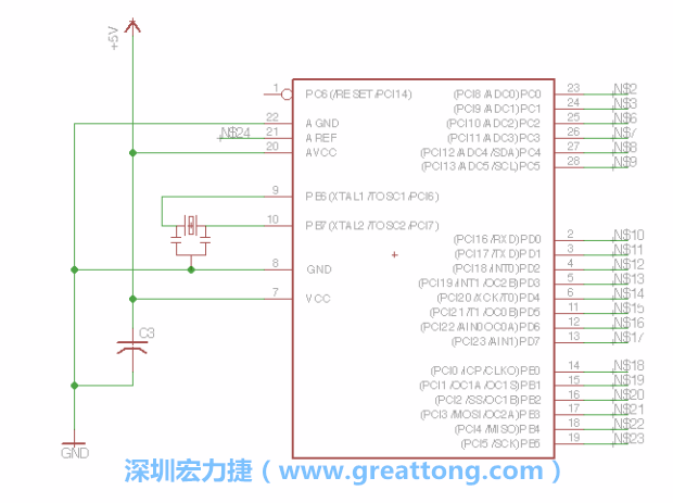 3.3.    将共鸣器（resonator）放置在针脚9和针脚10附近，将它的三个针脚连接如图所示，并确认最中间的针脚有连到接地端。