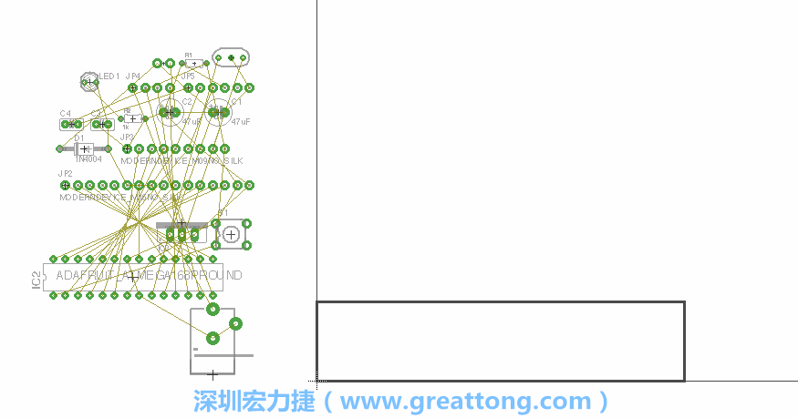 第一次执行布线编辑器时，你会发现有两个区块，左边的区块非?；炻?，而右边的区块则是一个长方形的工作区域，EAGLE免费版会限制你的工作区域在4” x 3.2”的范围内，如果你试图将元件摆放在工作区外的话，就会跳出警示讯息。