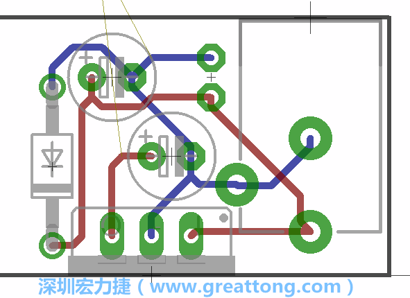 接地连结点的布线情形如下图所示，利用这个练习来避免电路连线锐角化的产生是一个不错的选择，你可以在工具列中的弯曲线路（Wire Bend）选项里改变各种布线的变化。