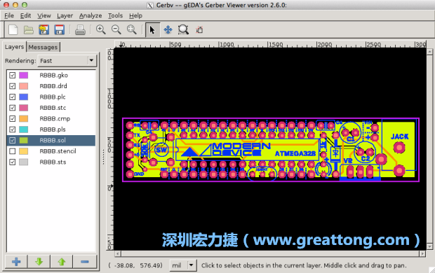 将图层汇入你的Gerber预览工具内（下图为Gerbv），我通?；岽由系较轮匦屡帕兴堑乃承?，好让我比较好校对：