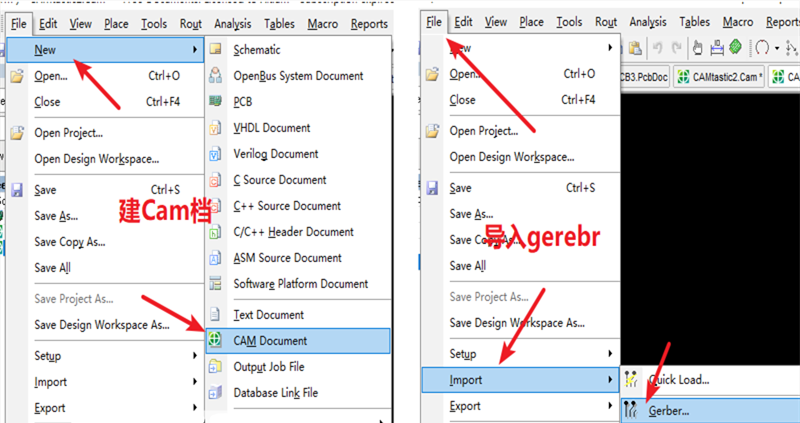 在File下新建 Cam档，建后再File下导入Gerber文件，选择所有文件导入gerber。